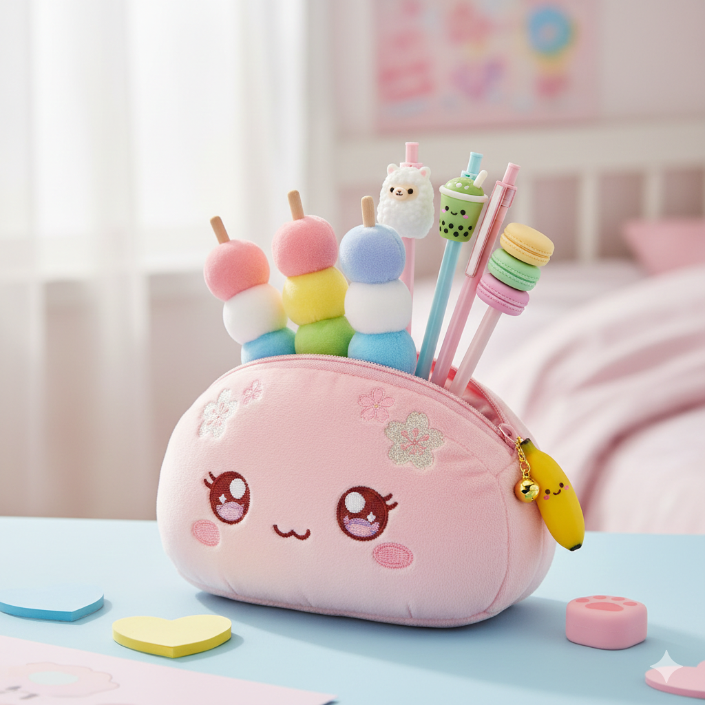 Imagem gerada por ia de um estojo com rosto fofo, com canetas em formato de doces dango e lápis decorados com temas fofinhos.